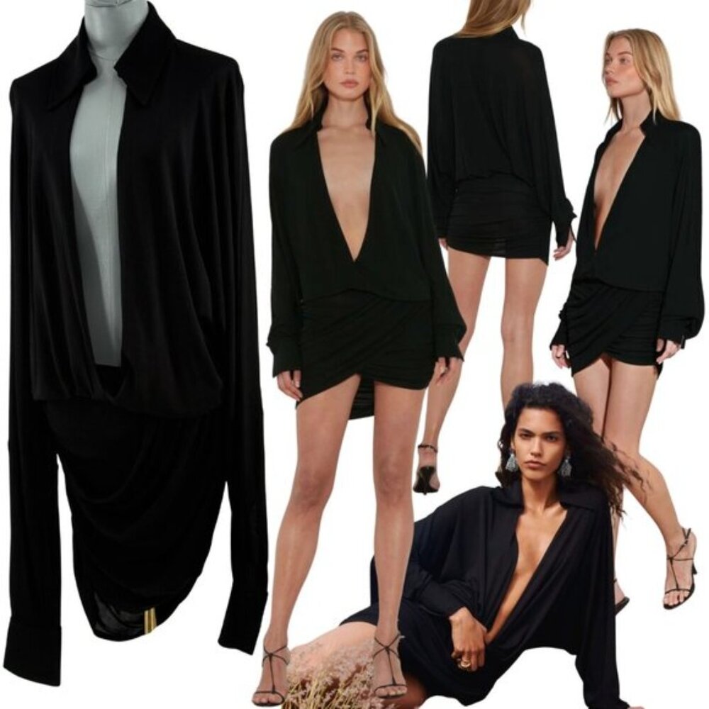 🆕 RAT & BOA 🧿 NWOT Raven Draped Long Sleeve Jersey Mini Dress, Black - Sz XL